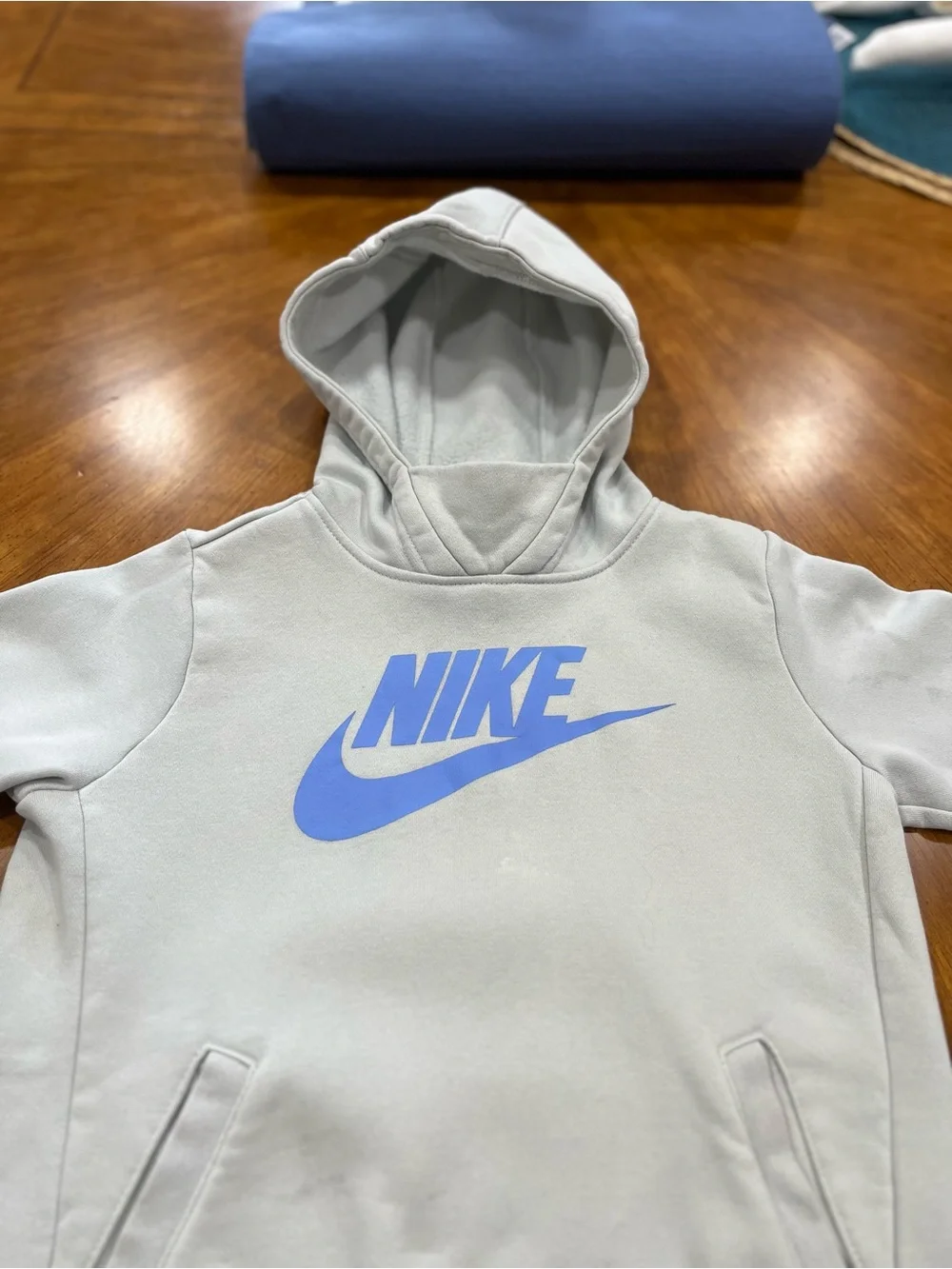 Nike Light Gray Hoodie with Blue Logo - Kids